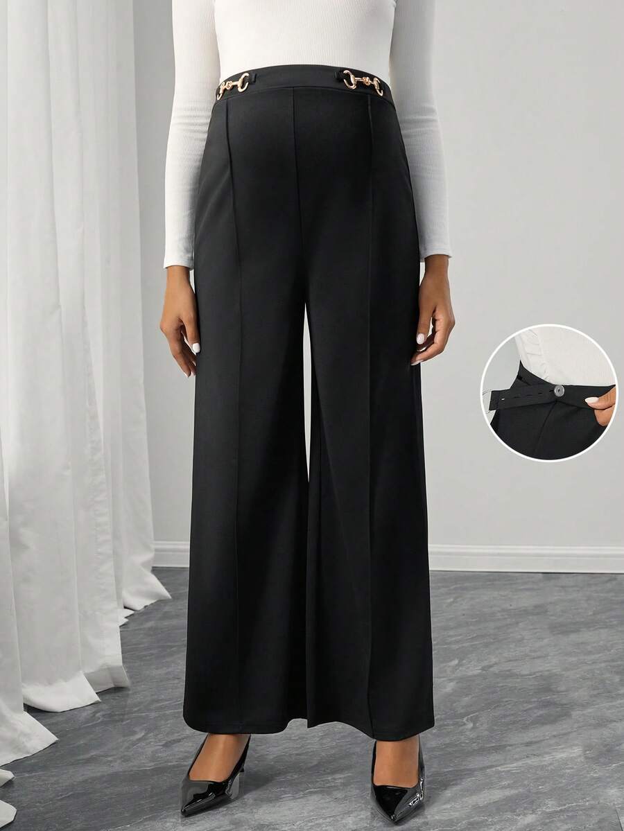 SHEIN Quần ống rộng tối giản họa tiết kim loại có thể điều chỉnh eo, dùng khi đi làm - màu đen - Xem 1