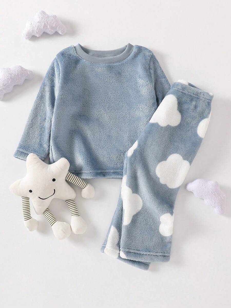 SHEIN Vintaside Kids 男嬰睡衣套裝，藍白條紋毛絨秋冬圓領上衣與長褲，淺色雲朵印花可愛居家休閒套裝，2026新年必備