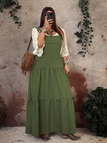 Whyspr 春、秋、冬、春秋、秋冬时尚简约百搭纹理军绿色连体裤连衣裙，极简设计显瘦假口袋复古古铜色纽扣法式休闲长裙 - 軍綠色 - 查看 4