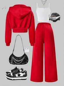 SHEIN ChillGRL 三件套少女纯色保暖连帽拉链衫、吊带背心和阔腿裤休闲套装，适合日常穿着、通勤和上学。 - 紅色 - 查看 2
