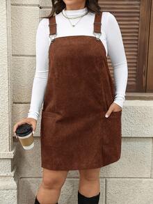 SHEIN LUNE Damen Große Größen Schwarzes Cord-Kleid mit Taschen und verstellbaren Trägern, Kleider für Frauen, Barnfit Thanksgiving Outfit, Frauen Neujahrs Outfit, Winterkleider, Winterkleidung für Frauen, Rave Outfits, Jumper Kleid