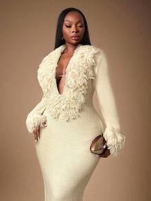 Plus Size Fashionable Sexy Fringe Decor Deep V-Neck Extra Long Knit Dress In Fall/Winter,Spring To Summer, - Beige - View 7