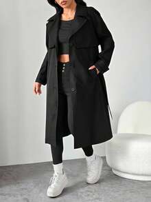 SHEIN PETITE معطف ترنش نسائي بلون موحد منسوج طويل برباط أمامي وأزرار، خريف/شتاء (1 قطعة) - الأسود - مشاهدة 8