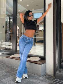 EURMUSE 96% CottonSTRAIGHT LEG MID WAIST JEANS - Blue - View 3