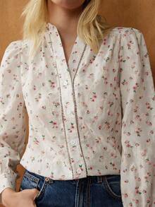 Écloséra French Retro 3D Floral Lace Trim Puff Sleeve V-Neck Embroidered Printed Fabric Women Blouse, Spring/Summer - Red - View 2