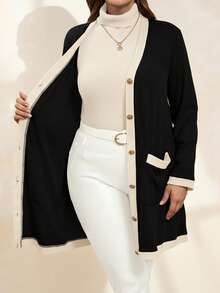 Chikora 大码女式优雅舒适金属纽扣长款保暖开衫，黑白配色，适合秋季穿着，女士防风外套，商务休闲女装 - 黑色 - 查看 3