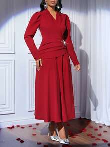 Fleurora Rochie elegantă de damă, de culoare vișinie, cu mâneci bufante, rever și decorațiuni cu strasuri - Burgundia - Vizualizare 5
