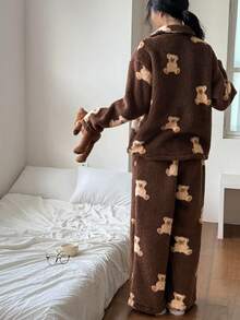 DAZY 2件套女士小熊图案毛绒宽松长袖睡衣套装，冬季 - 棕色 - 查看 2