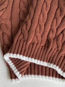 SHEIN 少女蝴蝶结刺绣V领长袖休闲毛衣，秋冬季 - 棕色 - 查看 9