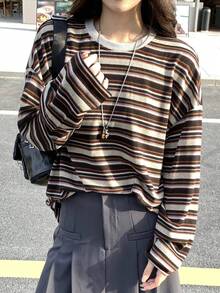 DAZY Women/Girls Casual Striped Round Neck Long Sleeve T-Shirt, Korean Style - Grey - View 4