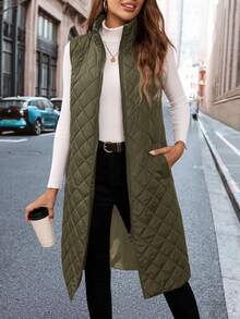 SHEIN Clasi 秋冬季无袖中长款绗缝背心，配有斜插口袋和菱形绗缝设计 - 彩色 - 查看 7