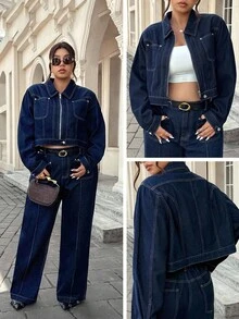 SHEIN ICON Jaket Denim Kasual Wanita Ukuran Besar, Bahan Tidak Melar - Dark Wash - View 5