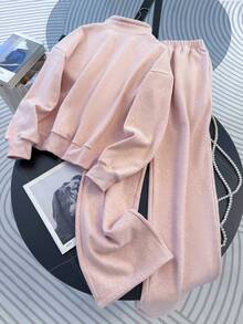 Franclia 2件套女士休闲运动拉链立领卫衣和裤子套装，秋季 - 粉色 - 查看 2