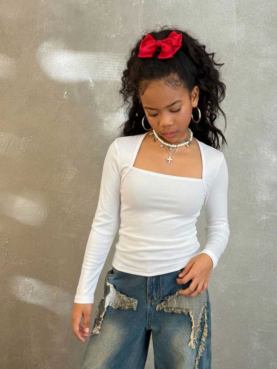 Coolane Camiseta ajustada con mangas raglán, cuello en U, cintura fruncida y elástica, de moda para niñas preadolescentes en otoño - Blanco - Ver 1