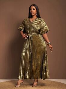 Veslaya 秋冬新款优雅派对/约会/晚宴/正式场合/生日/婚礼/毕业典礼宽松纯色V领连衣裙，腰间系带，闪亮面料，褶皱设计，大码长款连衣裙，派对礼服，优雅派对连衣裙，闪亮连衣裙，女士优雅连衣裙 - A - 香檳色 - 查看 3