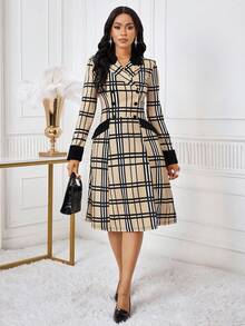 SHEIN Lady 女士翻领长袖双排扣格子优雅中长连衣裙 - 杏色 - 查看 5