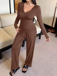 DAZY 2pcs Solid Color Comfortable Knit Long Sleeve Top And Pants Women Pajama Set - Brown - View 4