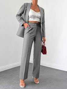 SHEIN Cottnline Women's Casual Commuting Solid Color Jacket And Pants Suit - Light Grey - View 5