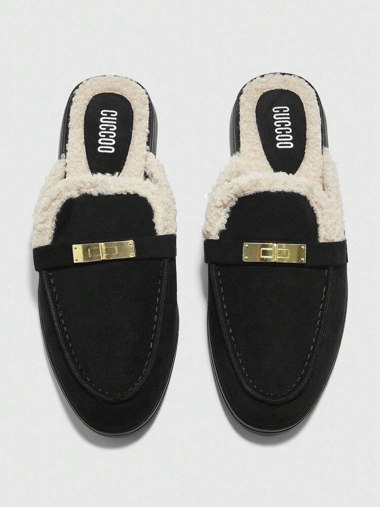 CUCCOO BIZCHIC Women's Fashionable Black Suede Comfortable Thick Faux Fur Slip-On Mules, Flat Casual Loafers Suitable For Outdoor, Work, Daily Wear For Christmas Spring Shoes