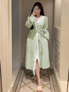 DAZY Women's Long Plush Fluffy Lace Ruffle Hem Patchwork Bathrobe, Winter - Mint Green - View 5