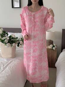DAZY Tie-Dye Print Ruffle Trim Long Nightgown For Women - Pink - View 7
