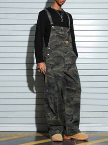 PAVTROS Men's Casual Streetwear Multi-Pocket Distressed Chest Guard Camo Bib Pants Camo Overalls Men - Army Green - View 3