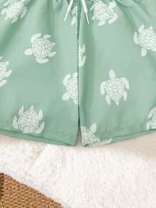 2pcs Baby Boys Swimwear Set, Cute Green Sea Turtle Pattern Swim Trunks With Detachable Hat, Adjustable Drawstring Beach Shorts - Multicolor - View 3