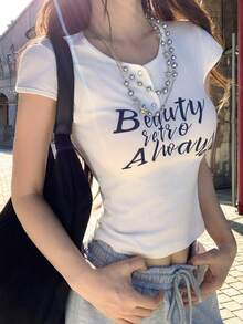 DAZY T-shirt décontracté à manches courtes, col rond, imprimé lettres, demi-zip pour femmes en été