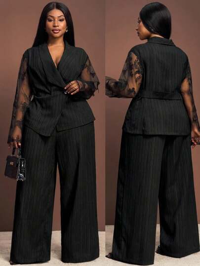 Veslaya Plus-Size Women's Winter Elegant Flared V-Neck Long Sleeve Unique Design Belted Lapel Blazer Set With Wide Leg Pants, Perfect For Christmas Outfits/New Year Wear/Thanksgiving Looks/Graceful Women's Fashion/Social Occasion Tops/Commute Attire/Daily Wear/Office Outfits/Formal Women's Wear