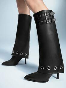 Sugerpunk Sepatu Bot Setinggi Lutut Stiletto Ujung Lancip dengan Hiasan Sabuk Kulit Gesper Ganda untuk Wanita, Cocok untuk Natal. - Hitam - View 4