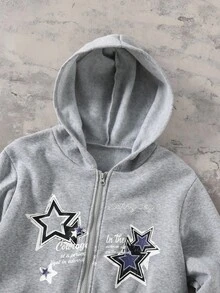 Coolqubz 青少年男童休闲做旧星形印花运动拉链卫衣外套，春秋/秋冬款，男女通用 - 灰色 - 查看 3