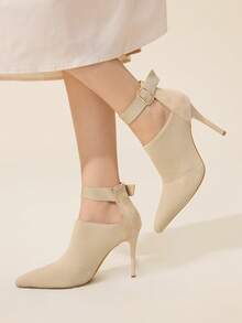 CUCCOO BASICS Apricot Pointed Toe Knit Ankle Strap Stiletto Heel Ankle Boots And Bootie, Sexy For Date, Party, Fashion Boots For Christmas - Apricot - View 5