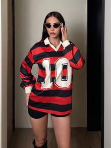 Flirla Women's Fashionable Collared Black & Red Striped Numeric & English Print Long Sleeve Sweatshirt, Suitable For Autumn Casual Commute - Red and Black - View 4