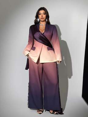 Viva Relle بدلة أنيقة من قطعتين تتكون من جاكيت أومبير وبنطال ذو ساق واسعة مقاسات كبيرة