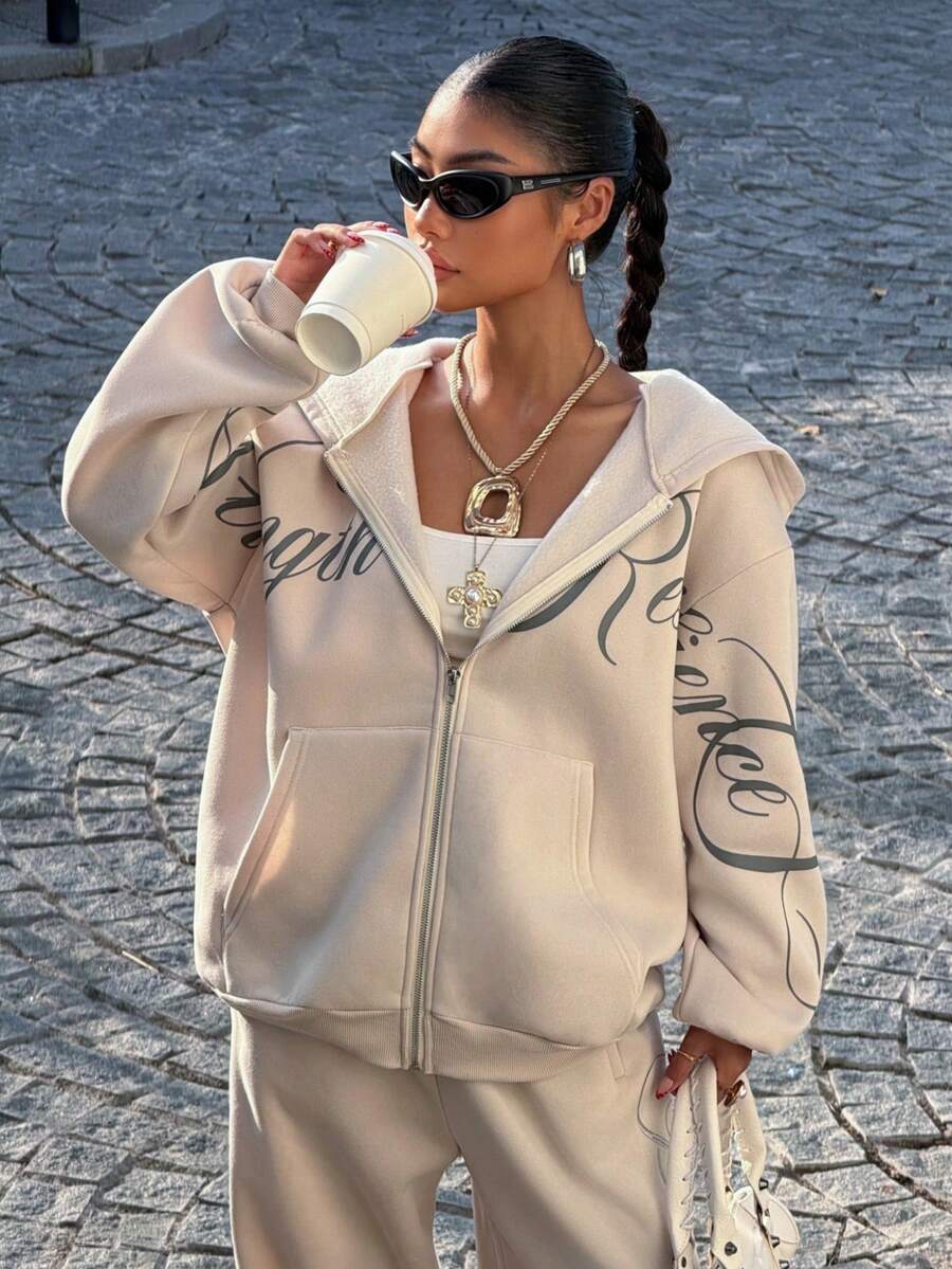 Muchica 女士字母印花宽松保暖连帽卫衣，秋冬款 - 卡其色 - 查看 1