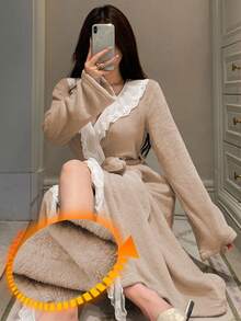 DAZY Women's Long Plush Fluffy Lace Ruffle Hem Patchwork Bathrobe, Winter - Apricot - View 4
