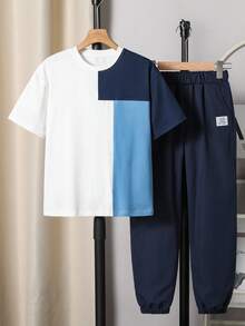 SHEIN Vacaura 2 件套男童休闲时尚拼色 T 恤和裤子套装，适合春夏季日常穿着 - 彩色 - 查看 3