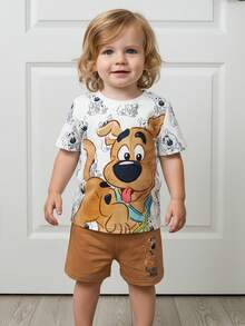 SCOOBY-DOO X SHEIN 男宝宝卡通狗印花白色休闲可爱短袖T恤和卡其色宽松短裤舒适两件套 - 彩色 - 查看 2