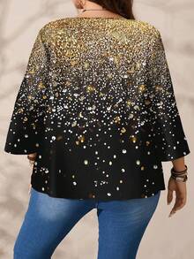 EMERY ROSE Camicia casual oversize da donna con stampa all-over, collo rotondo, maniche 3/4 larghe. Top con paillettes da donna in stile boho per autunno/inverno, con strass, top nero luccicante e paillettes, top di lusso per taglie forti. - Multicolore - Visualizzare 4