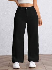 SHEIN EZwear 大尺碼女款無彈力黑色寬鬆直筒牛仔褲，休閒常規高腰寬腿牛仔褲，夏季款 - 黑色 - 查看 4