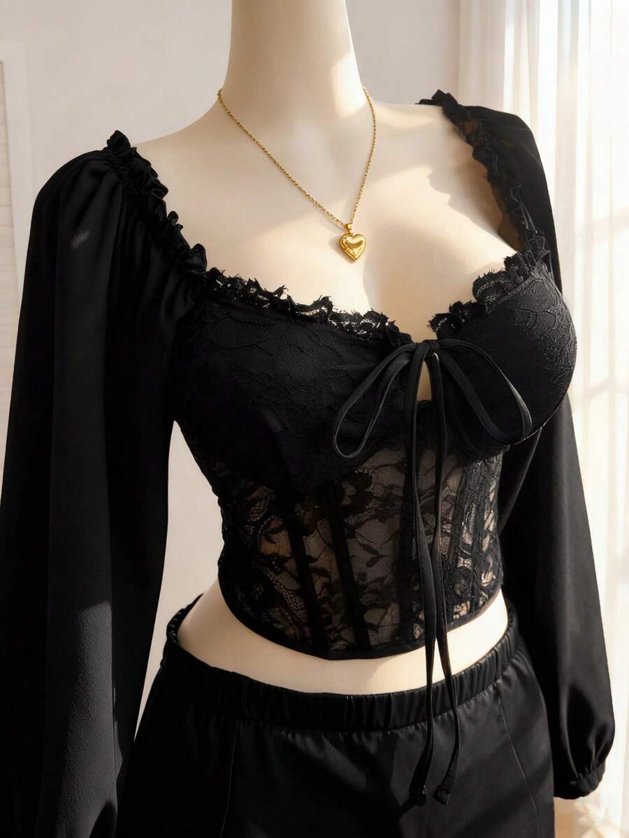 Comfortcana Plus Size Women Lantern Sleeve Lace Patchwork Square Collar Padded Blouse, Romantic For Dates And Parties, Autumn/Winter Black Babydoll Top