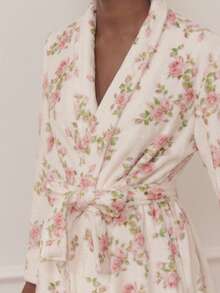 lacRébo Pink Vintage Rose Print Fluffy Fleece Belted Gown Bath Robe Pyjama Cosy Winter Soft Floral Bath Robe