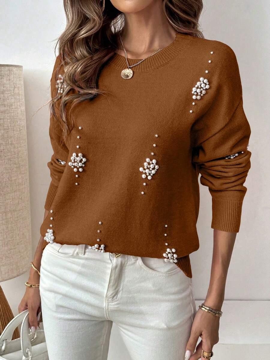 SHEIN LUNE 休闲柔软珍珠装饰女式毛衣 - 棕色 - 查看 1