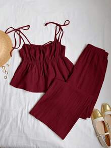 Comfortcana 梭织女士纯棉休闲度假酒红色吊带背心和裤子套装 纯棉女装 酒红色上衣 酒红色上衣 女士夏季两件套 纯棉两件套 - 酒紅色 - 查看 6