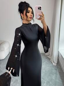 SHEIN Elenzya 女士优雅派对珍珠装饰长袖开衩长裙 - 黑色 - 查看 7