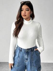 SHEIN Tall CURVE 大码纯色立领连体衣，秋季休闲款 - 白色 - 查看 4