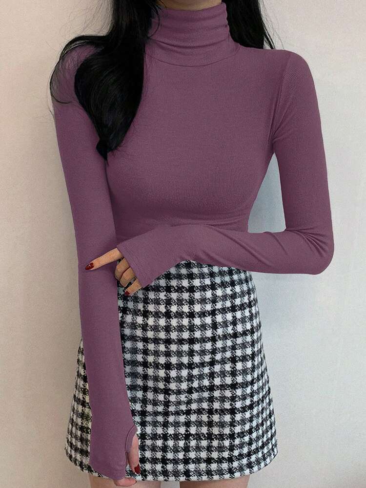 Women's Casual Solid Color Turtleneck Tight Fit Base Layer T-Shirt, Autumn/Winter