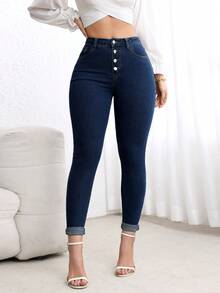 Elenzga Celana Jeans Denim Gaya Jalanan Kasual Wanita - Dark Wash - View 3