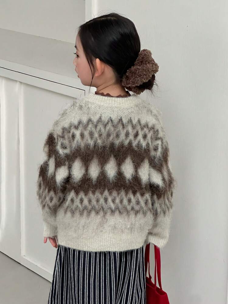 Young Girl Diamond Pattern Long Sleeve Sweater, Autumn/Winter New Year Christmas