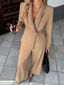 Pariaura Women's Elegant Contrast Trim Lapel V-Neck Long Sleeve Unique Belt Button High-End Blazer Jacket And Straight Wide Leg Pants Suit, Suitable For Autumn Office Commute - Khaki - View 6